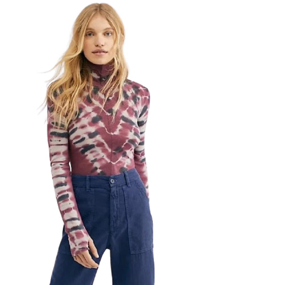 Free People Tie-Dye Long Sleeve Turtleneck in Burgundy and Navy